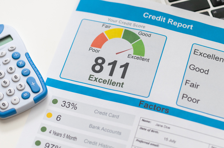 Credit report with score on a desk